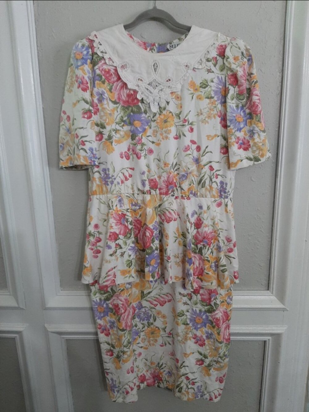 Vintage 90s Melissa plus size cottagecore grandma dress floral peplum lace bib